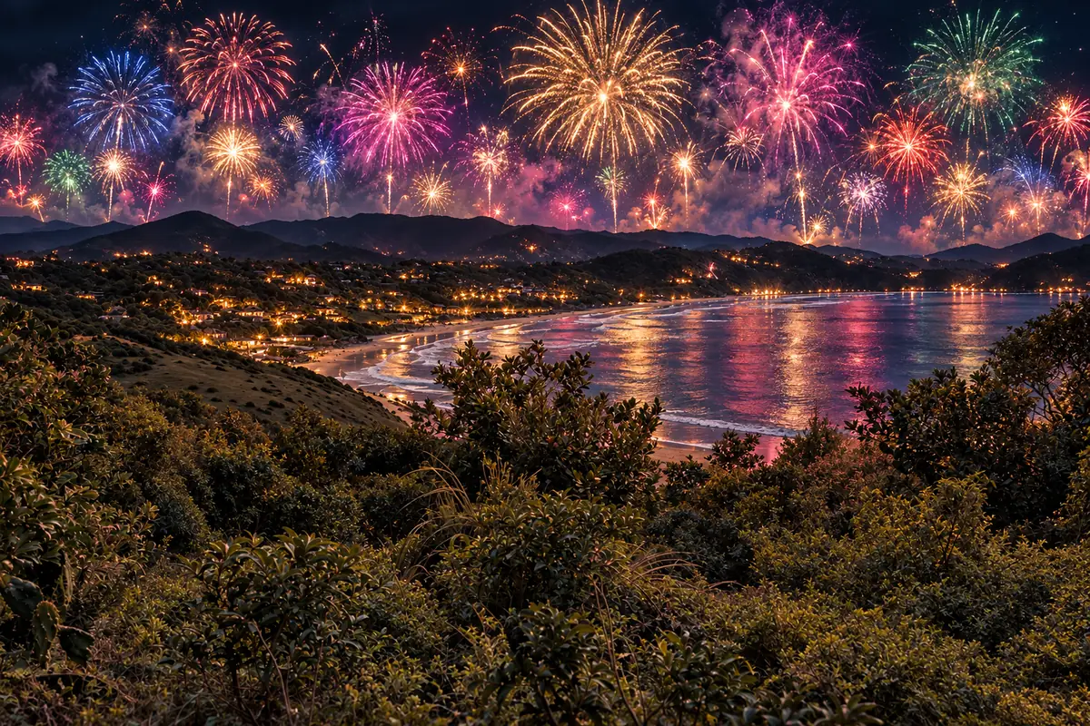 Baía da Praia do Rosa, Imbituba, à noite com céu cheio de fogos coloridos
