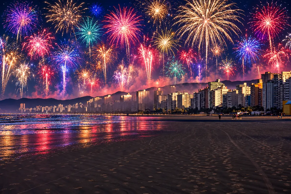 Orla de Praia Grande paulista à noite com céu cheio de fogos coloridos