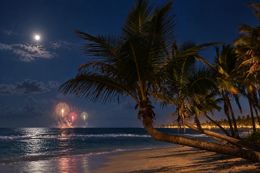 Praia de Punta Cana à noite, com palmeiras, mar e fogos ao longe