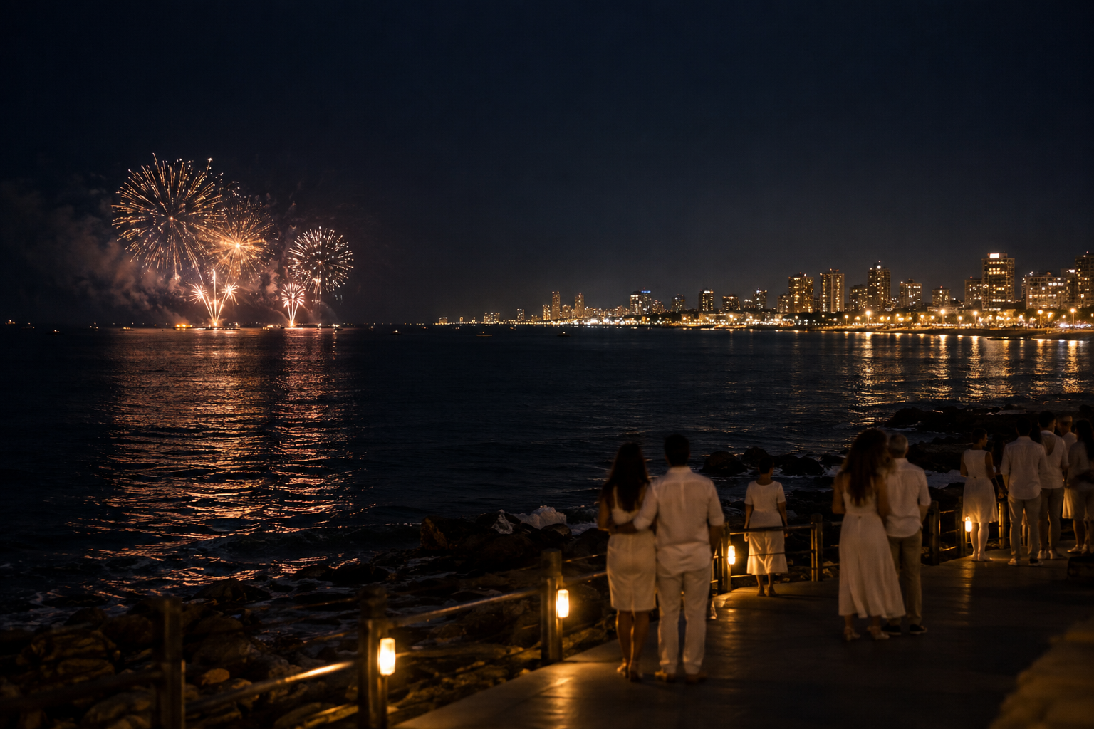 Fogos sobre o mar em uma cena noturna editorial de Réveillon