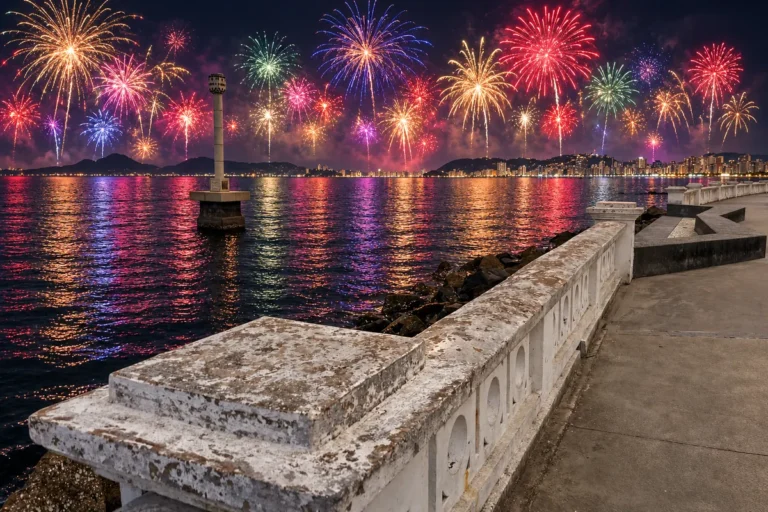 Ponta da Praia em Santos à noite, com dezenas de fogos coloridos sobre a água