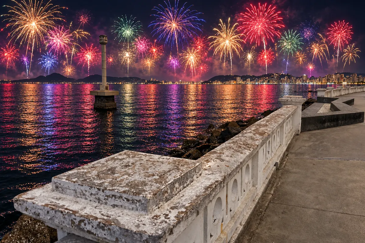 Ponta da Praia em Santos à noite, com dezenas de fogos coloridos sobre a água