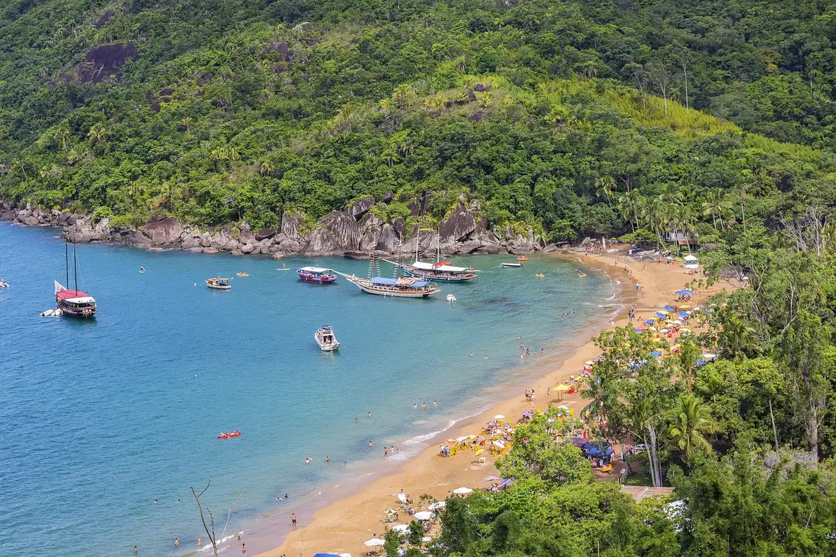 Praia tropical no litoral de São Paulo com mar azul e vegetação