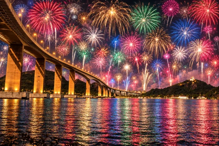 Dezenas de fogos coloridos sobre a Terceira Ponte iluminada e o Convento da Penha, com reflexos na baía de Vitória.