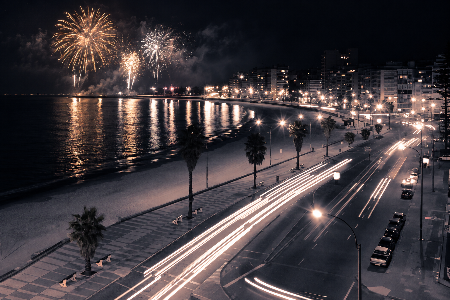Imagem editorial de fogos sobre a Rambla de Montevidéu à noite