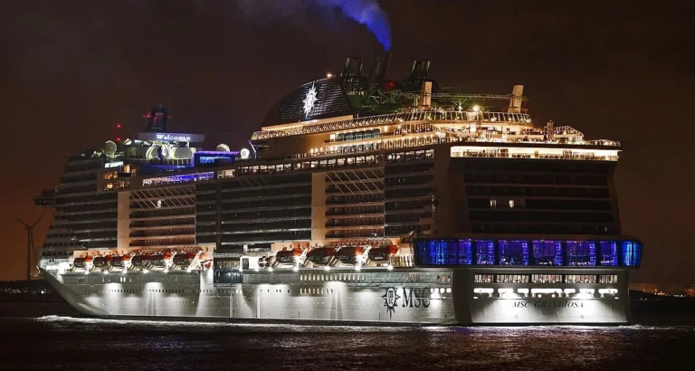 Navio MSC Grandiosa iluminado à noite em Hoek van Holland, nos Países Baixos.