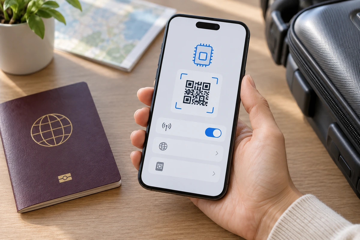 Ilustração de ativação de eSIM em celular antes de uma viagem