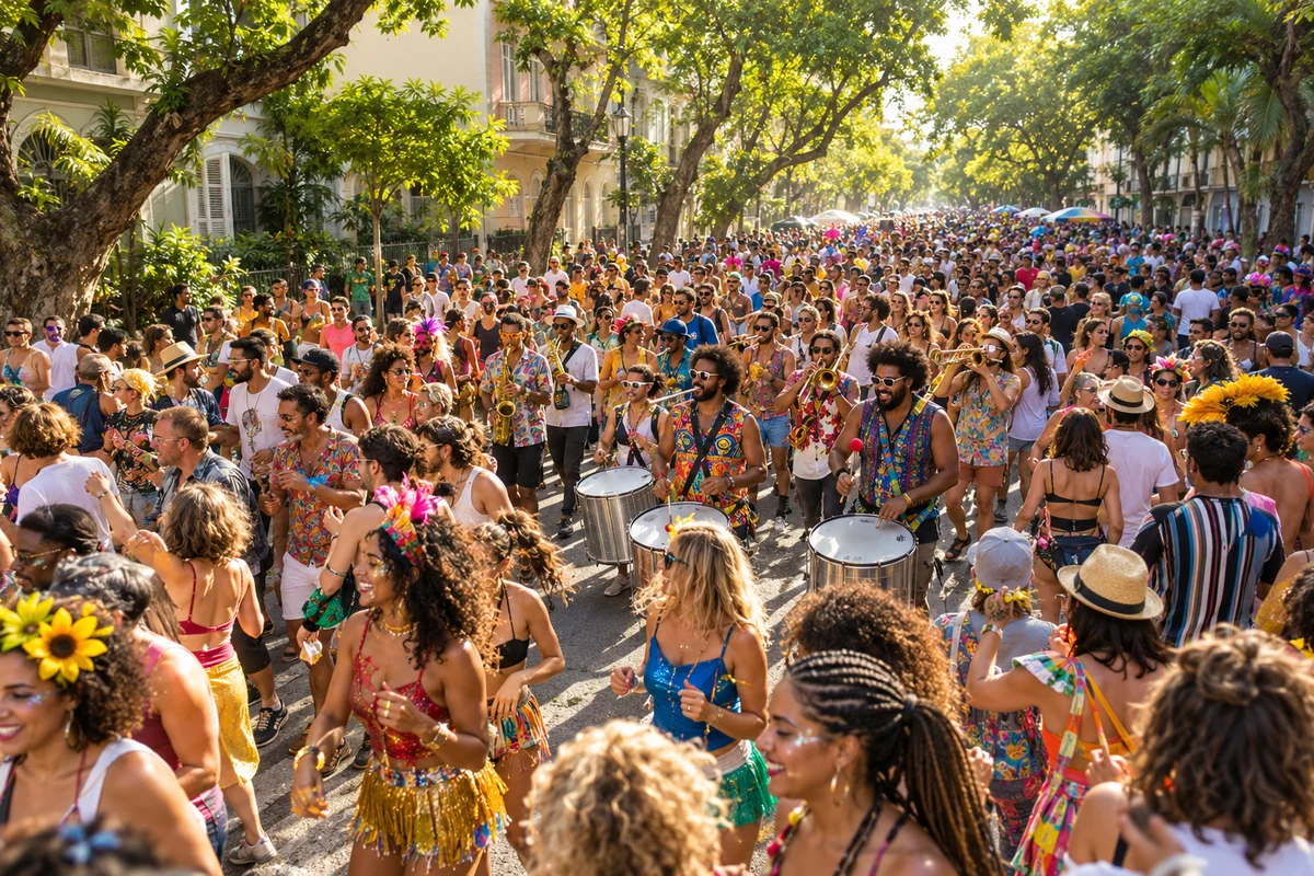 Ilustração de bloco de Carnaval de rua com músicos e foliões