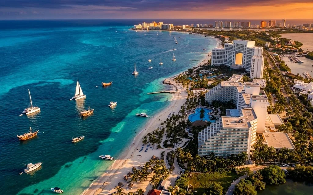 Vista aérea da Zona Hoteleira de Cancún ao entardecer, com praia e mar do Caribe