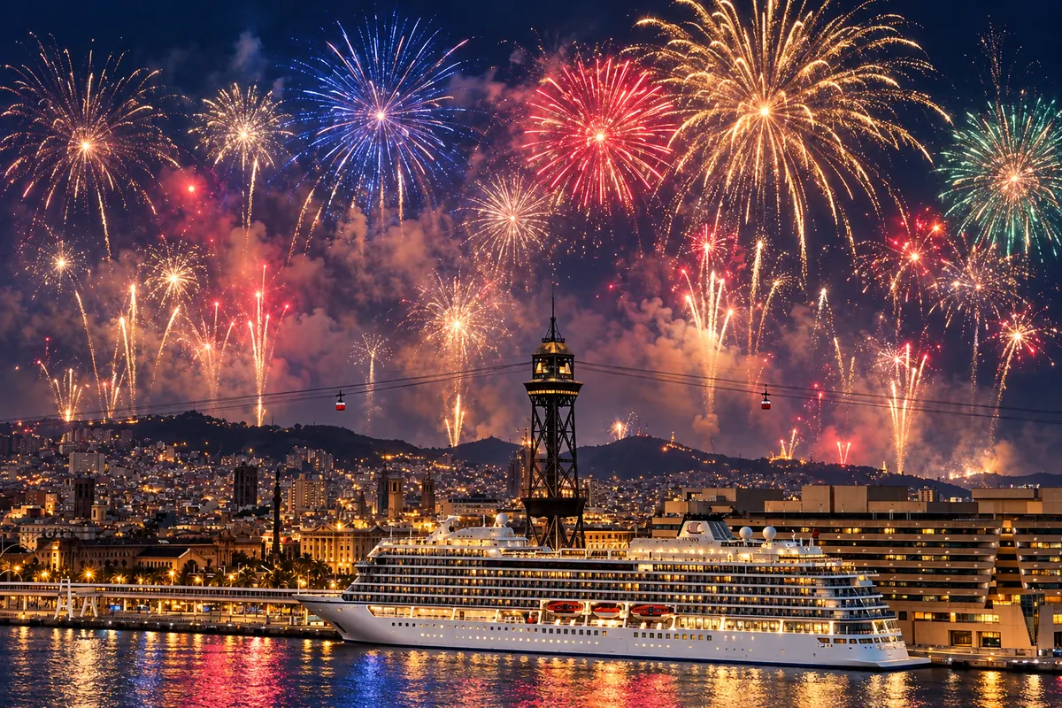 Porto de Barcelona à noite, com navio de cruzeiro e fogos sobre a cidade