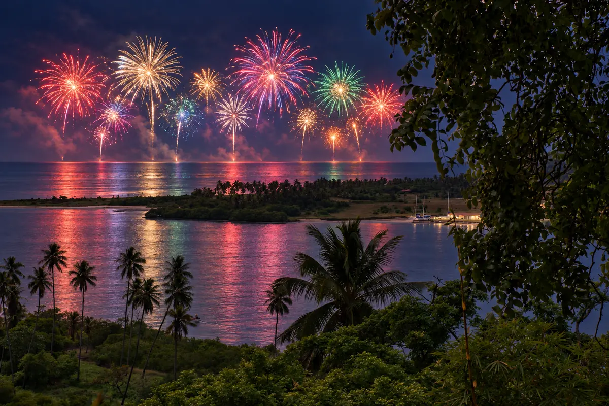 Coroa do Avião, em Igarassu, vista diante da Ilha de Itamaracá à noite sob fogos multicoloridos; ilustração editorial.