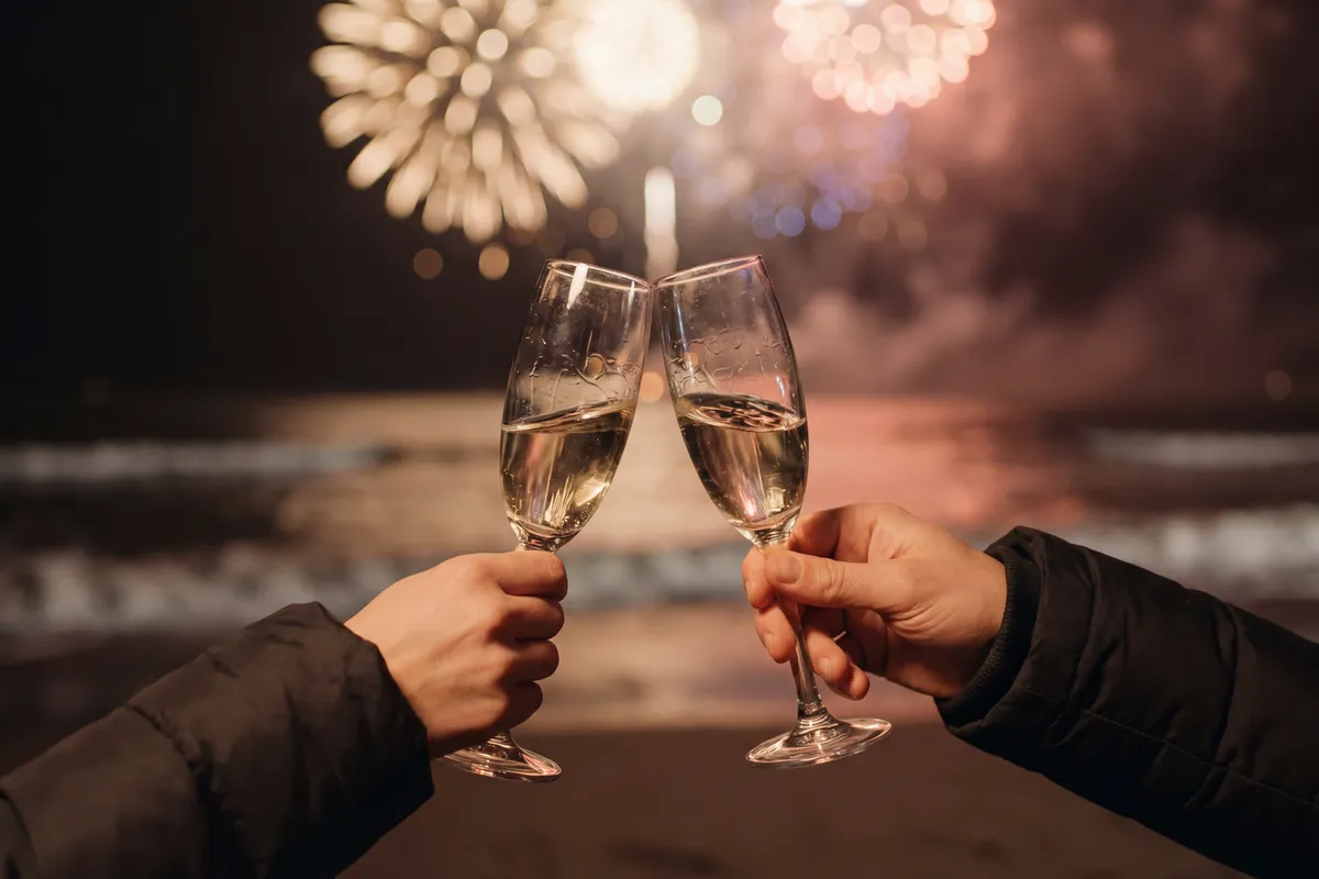 Fogos de artifício na virada do ano sobre o mar