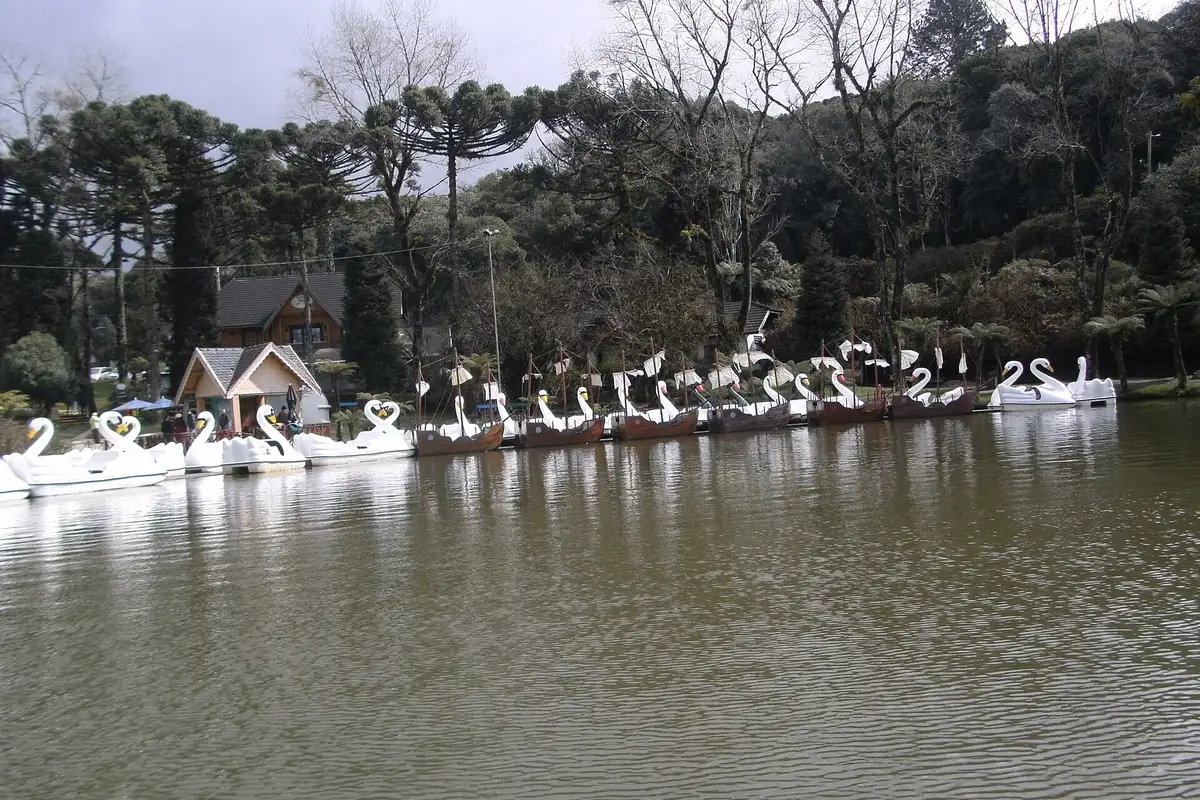 Pedalinhos no Lago Negro em Gramado, cercado por árvores
