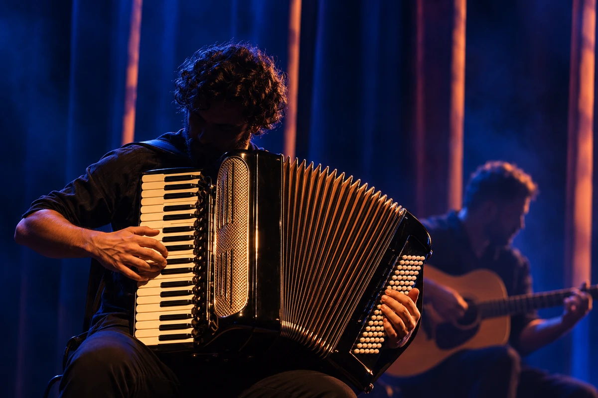 Acordeom e violão em cena acústica inspirada nas apresentações do trio de Humberto Gessinger.