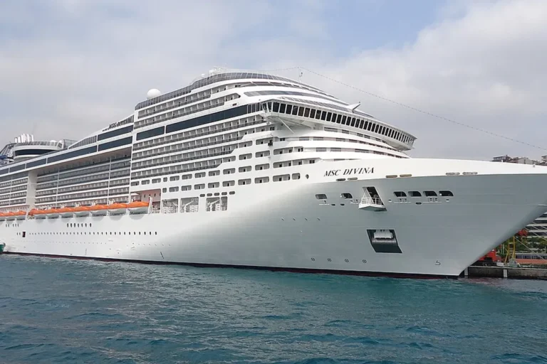 MSC Divina atracado em porto, navio do Navio Cabaré 2026 saindo de Santos