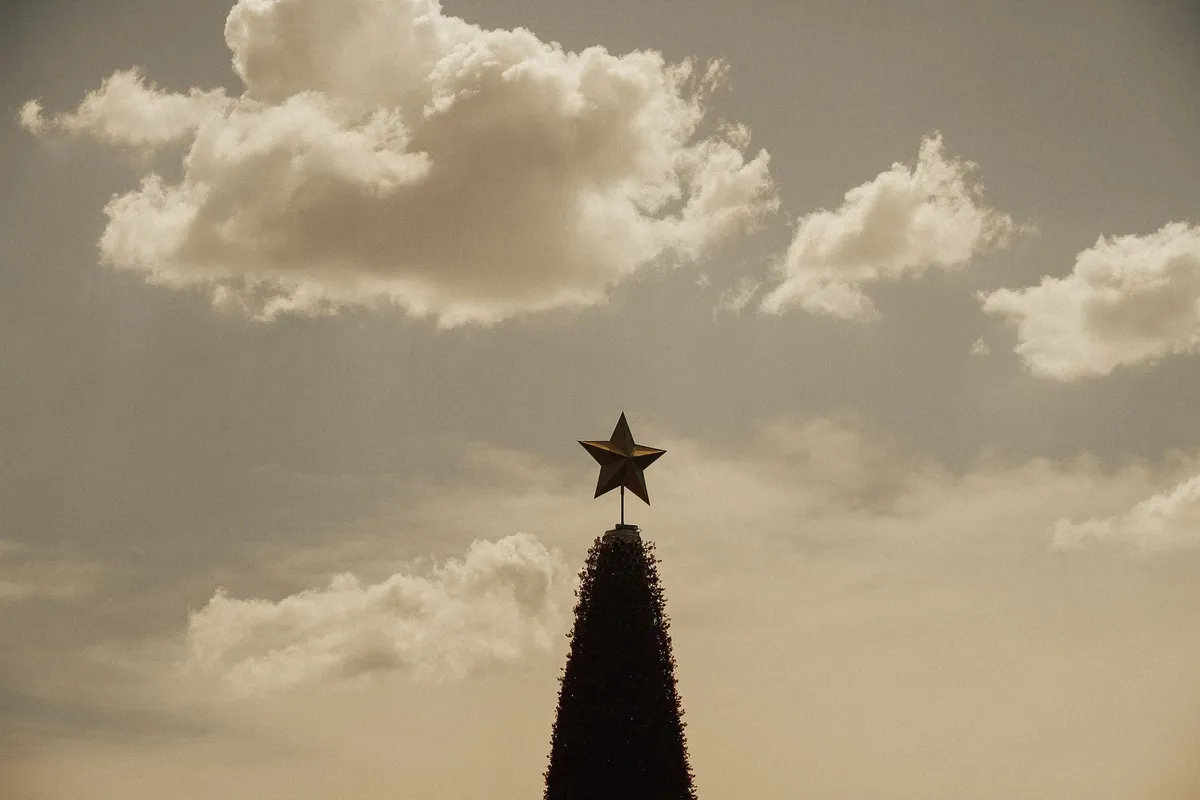 Estrela no topo de árvore de Natal iluminada à noite