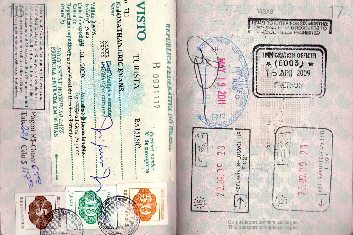Páginas de passaporte com vistos e carimbos de diferentes países