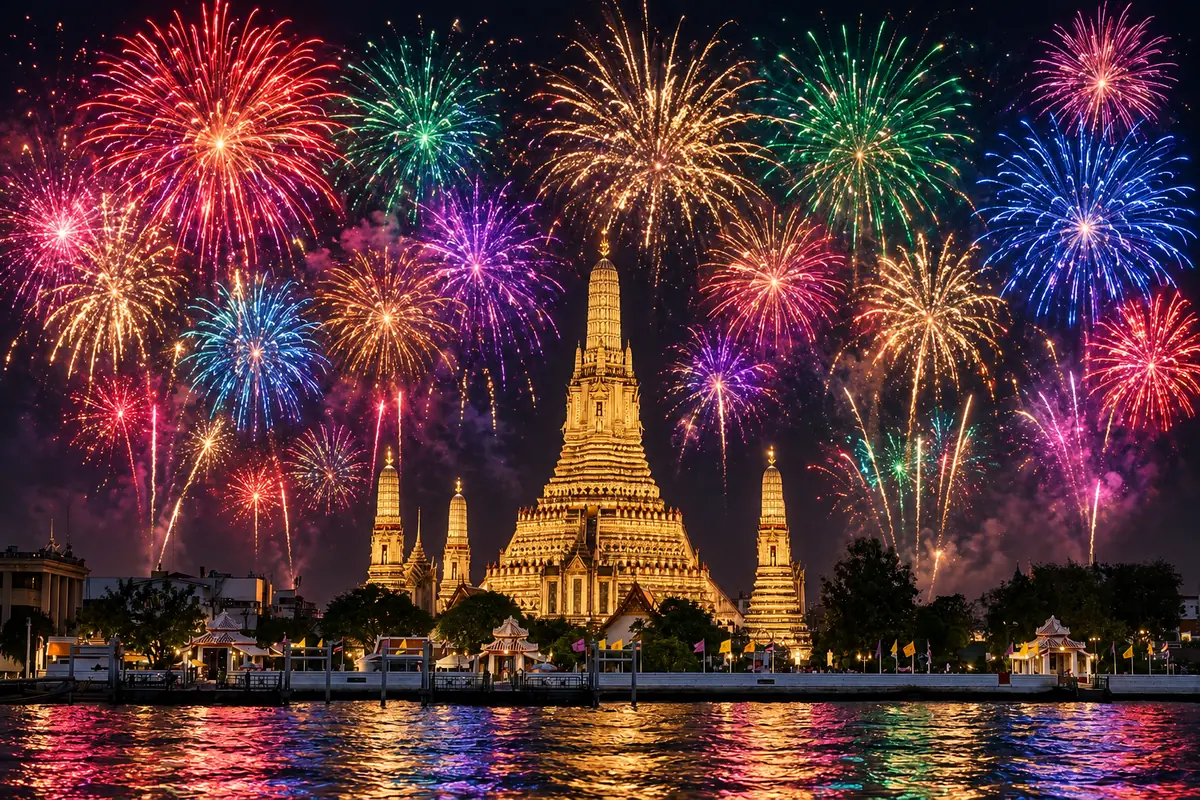 Wat Arun iluminado à noite na margem do Chao Phraya, em Bangkok, sob muitos fogos coloridos