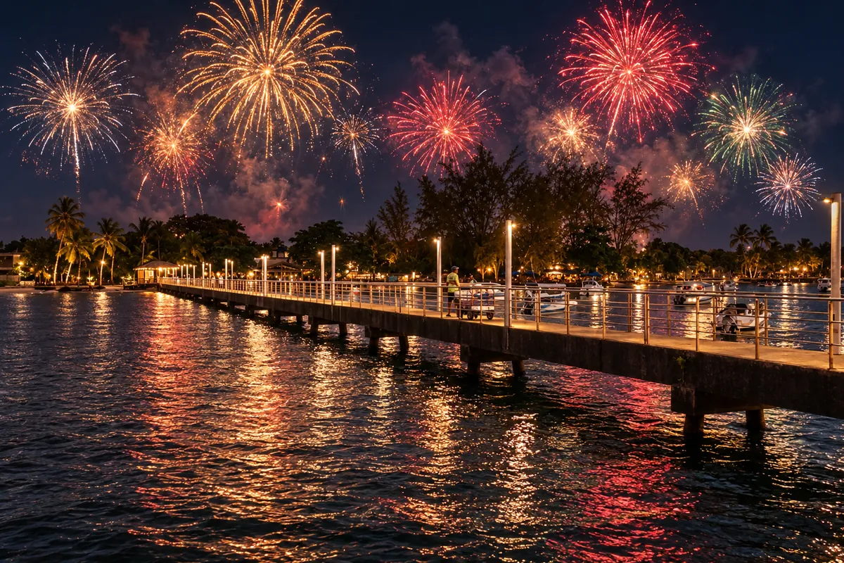 Cena noturna de Barra Grande, na Península de Maraú (BA) com fogos de artifício