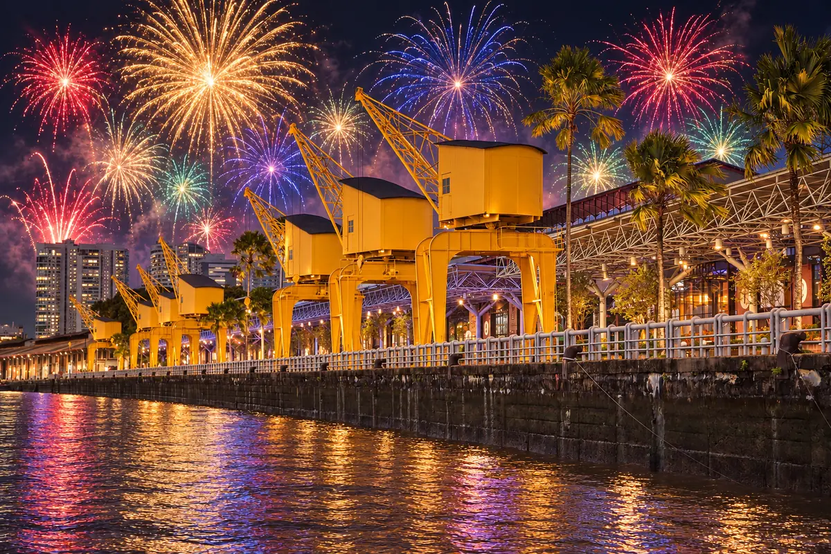 Estação das Docas em Belém à noite, com muitos fogos coloridos sobre a Baía do Guajará.