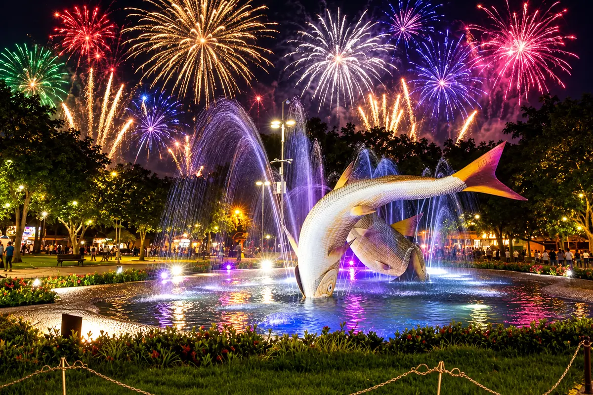 Fogos sobre a fonte do peixe, na Praça da Liberdade de Bonito (ilustração gerada por IA)