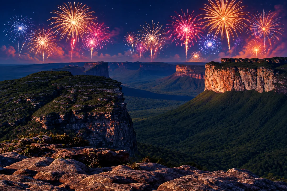 Fogos sobre uma mesa de arenito da Chapada Diamantina (ilustração gerada por IA)