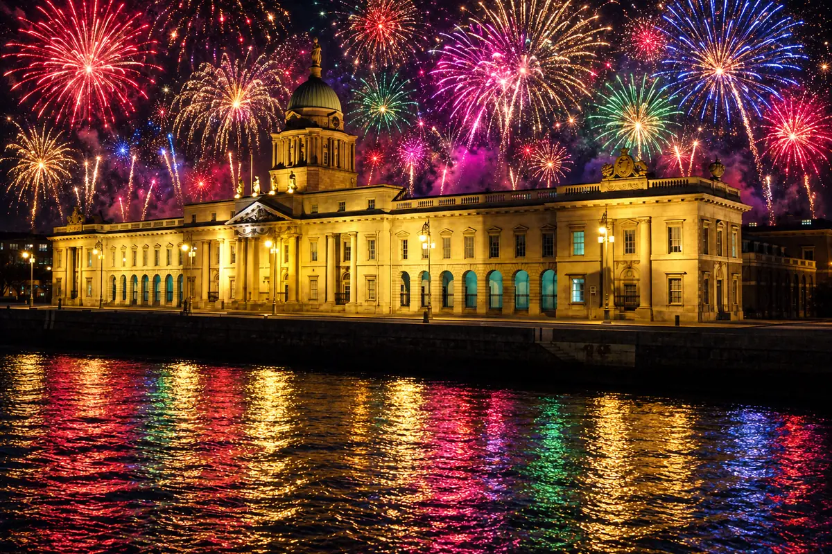 Custom House iluminada em Dublin à noite, com muitos fogos coloridos e reflexos no rio Liffey.