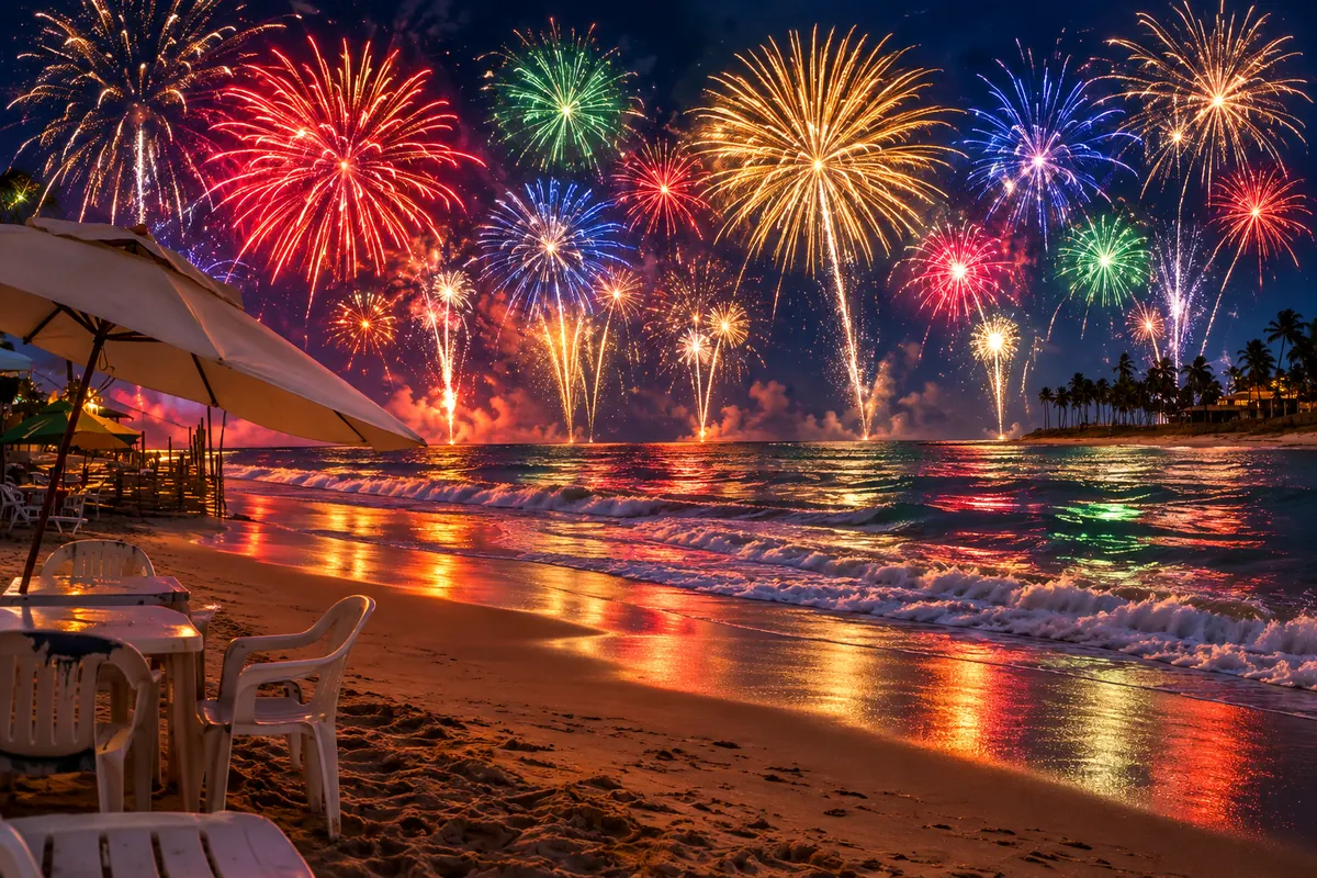 Ilustração de réveillon em praia baiana com fogos (imagem criada por IA)