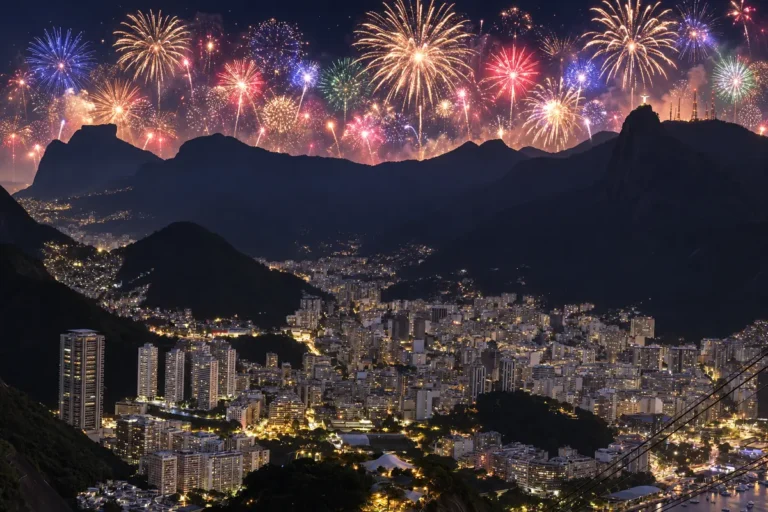 Rio de Janeiro à noite, visto do Pão de Açúcar, com fogos sobre a Baía de Guanabara e o Cristo Redentor ao fundo