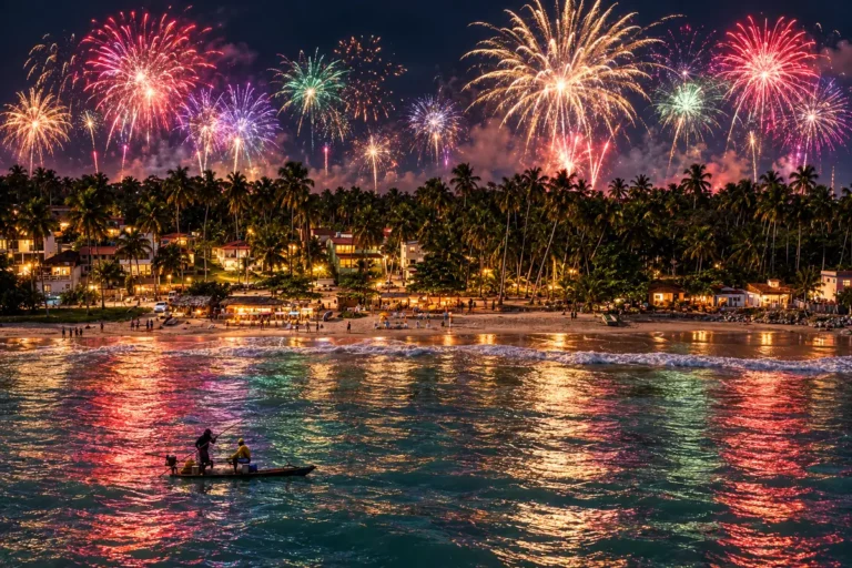 Réveillon em Japaratinga com fogos de artifício sobre a praia à noite