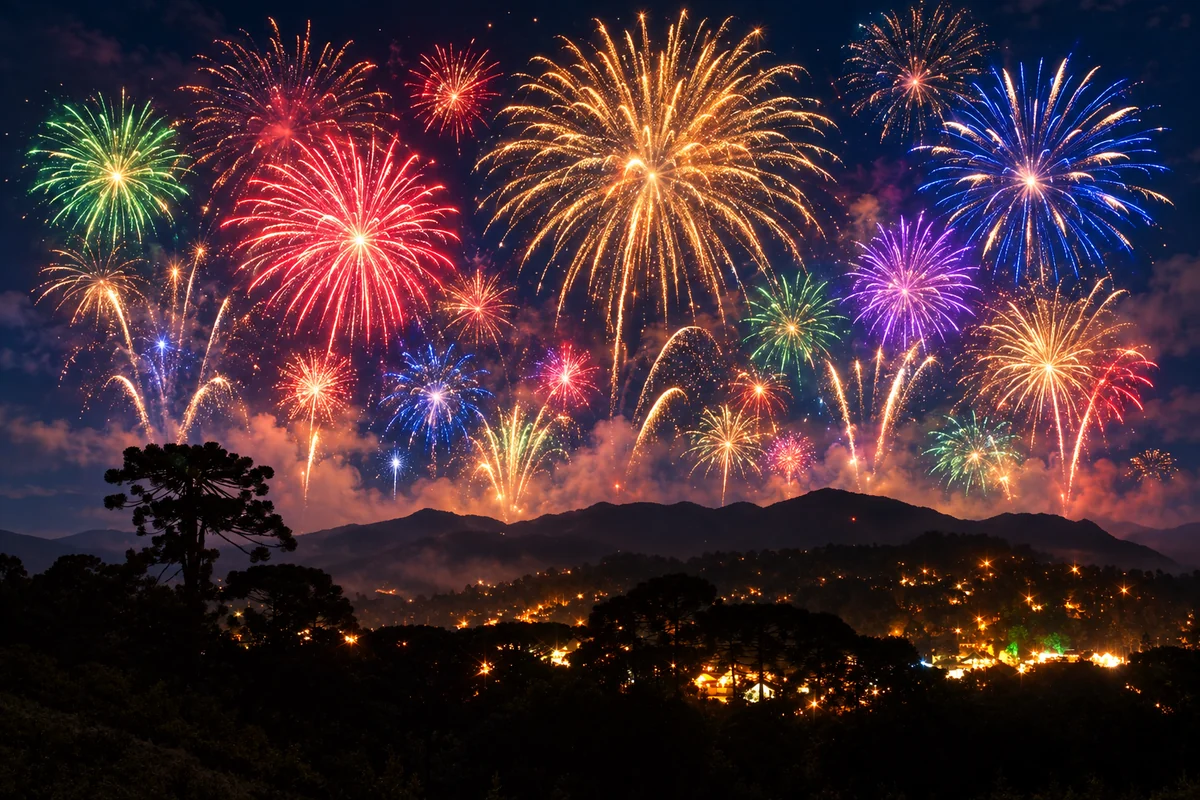 Monte Verde à noite, montanhas e luzes do distrito sob fogos coloridos