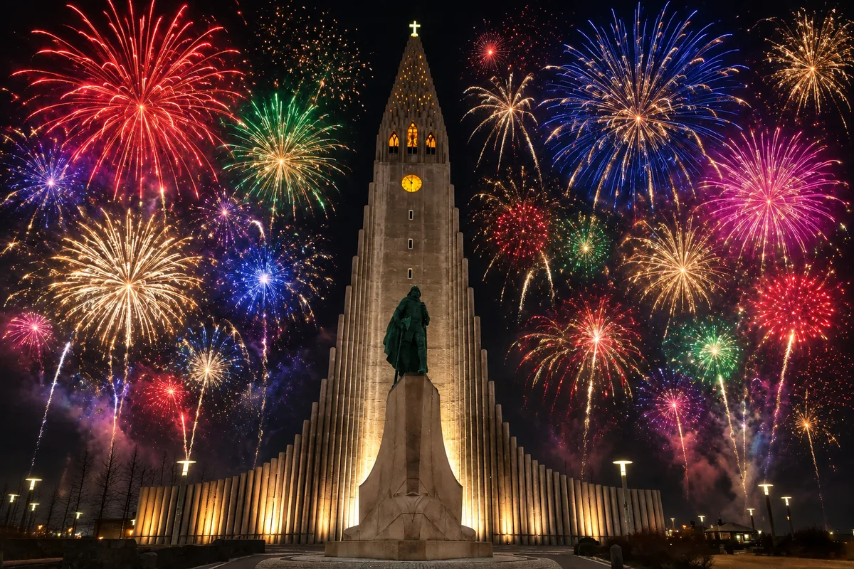 Hallgrímskirkja e estátua de Leif Erikson à noite em Reykjavík, sob muitos fogos coloridos