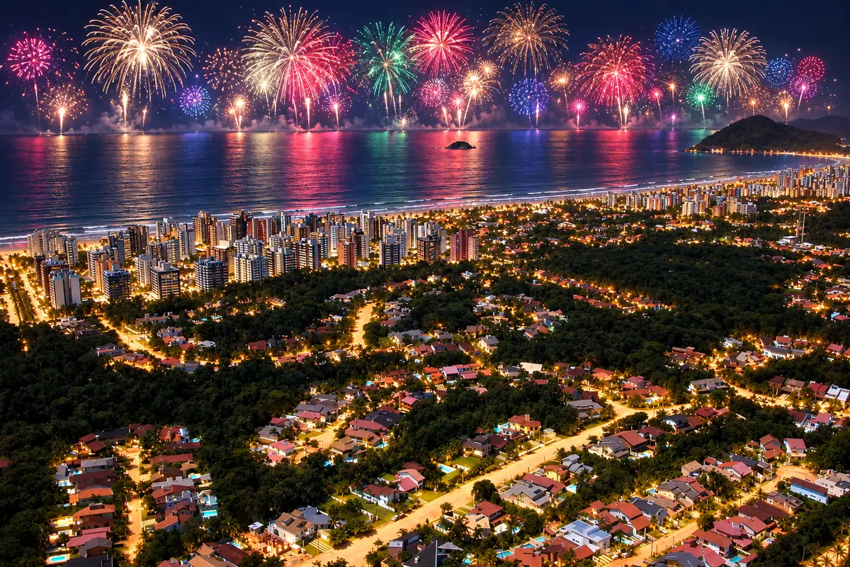Vista aérea da Riviera de São Lourenço à noite, com fogos coloridos sobre o oceano e a orla urbana iluminada.