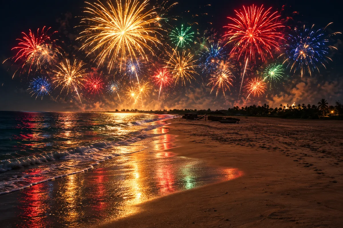 Réveillon em São Miguel do Gostoso: fogos de artifício iluminam a noite sobre a paisagem local