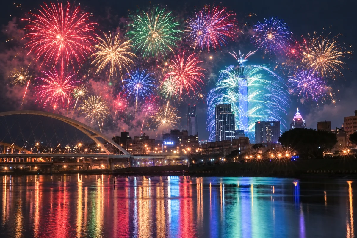 Taipei 101 e a cidade à noite sob muitos fogos coloridos, com ponte e reflexos no rio