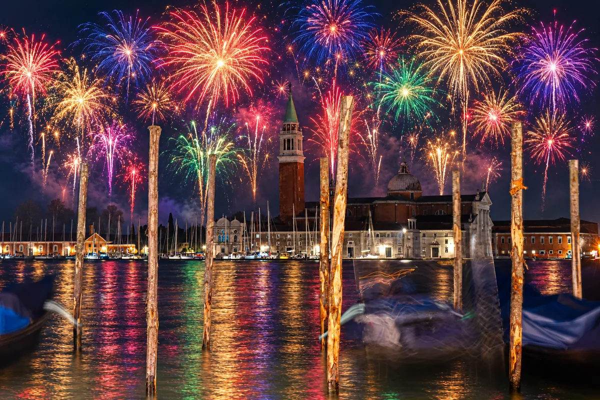 San Giorgio Maggiore e gôndolas em Veneza à noite, sob céu cheio de fogos coloridos em ilustração