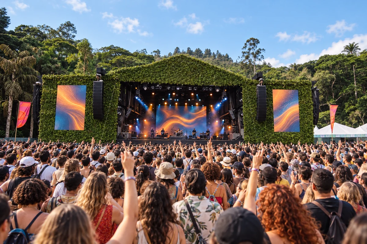 Plateia diante do palco Floresta no Parque de Itaipava em ilustração do Rock the Mountain