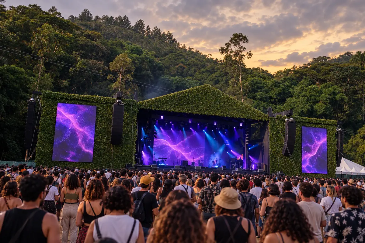 Show ao ar livre cercado de mata em Itaipava em ilustração do Rock the Mountain