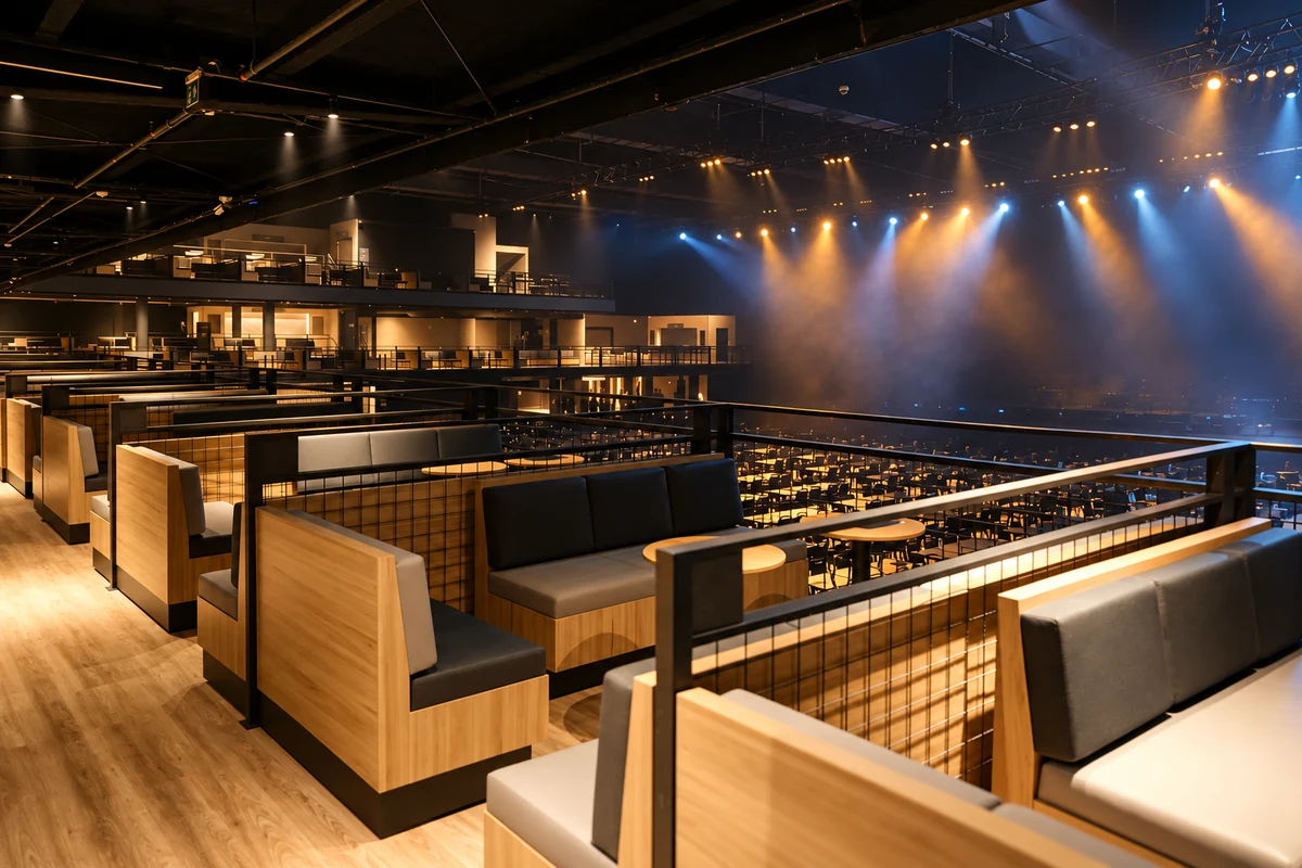 Boxes e balcões do Suhai Music Hall com vista para o palco, em ilustração