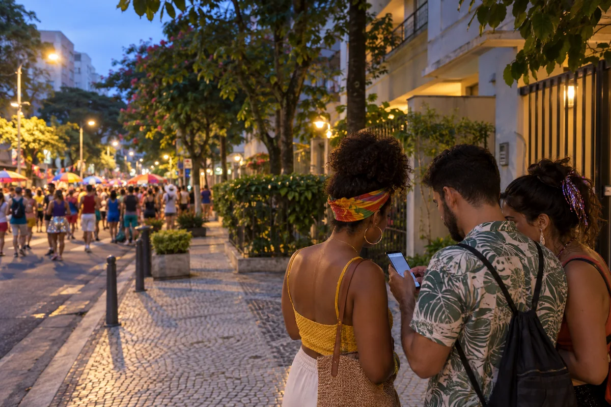 Ilustração de foliões planejando o caminho de volta após um bloco de rua